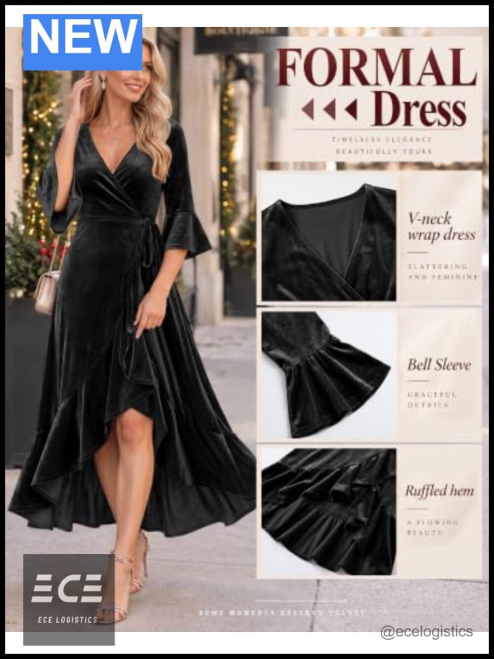 Women's Velvet Wrap Dress Deep V Neck Bell Sleeve Cocktail Wedding Guest - Picture 3 of 4